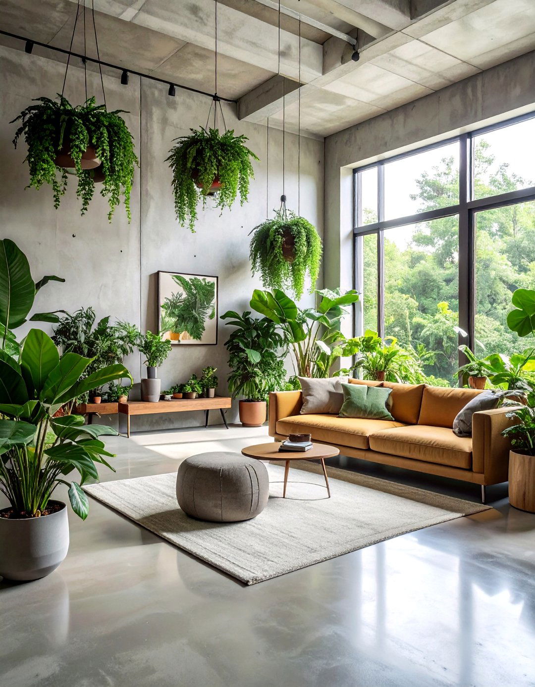 Living Plant Integration - 20 Concrete Floor Living Room Ideas for Modern Homes