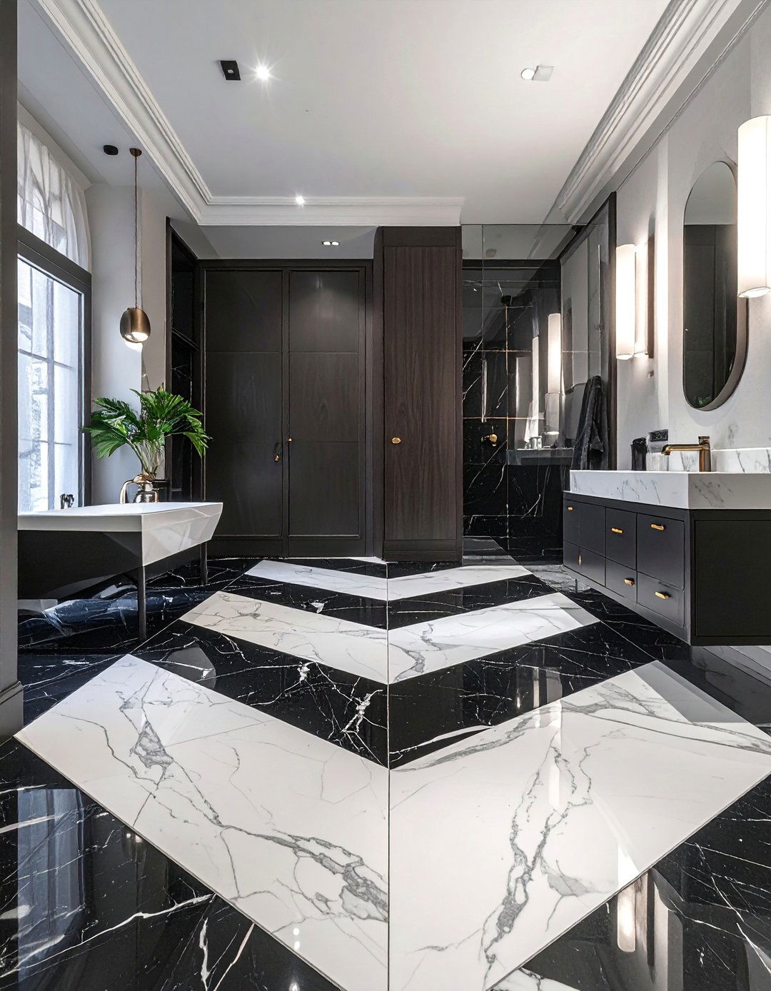 Luxury Powder Room with Chevron Marble Flooring - 20 Luxury Powder Room Ideas for a Chic Space