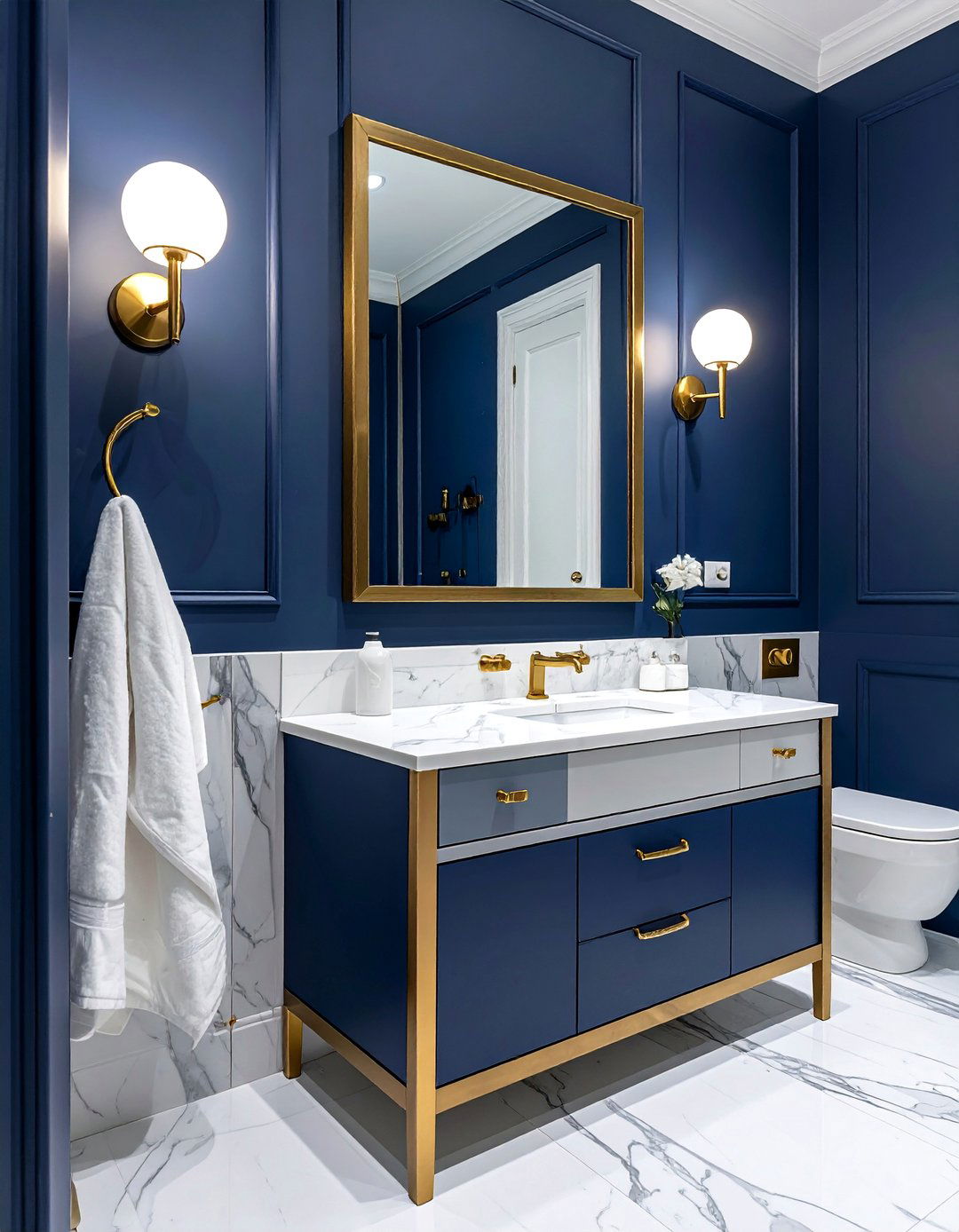 Marble Vanity with Gold Accents - 15 Navy Blue Powder Room Ideas for a Chic Space
