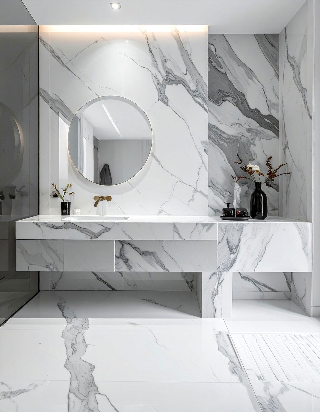 Marble Waterfall Countertop Design - 20 Luxury Marble Bathroom Ideas for a Spa-Like Retreat