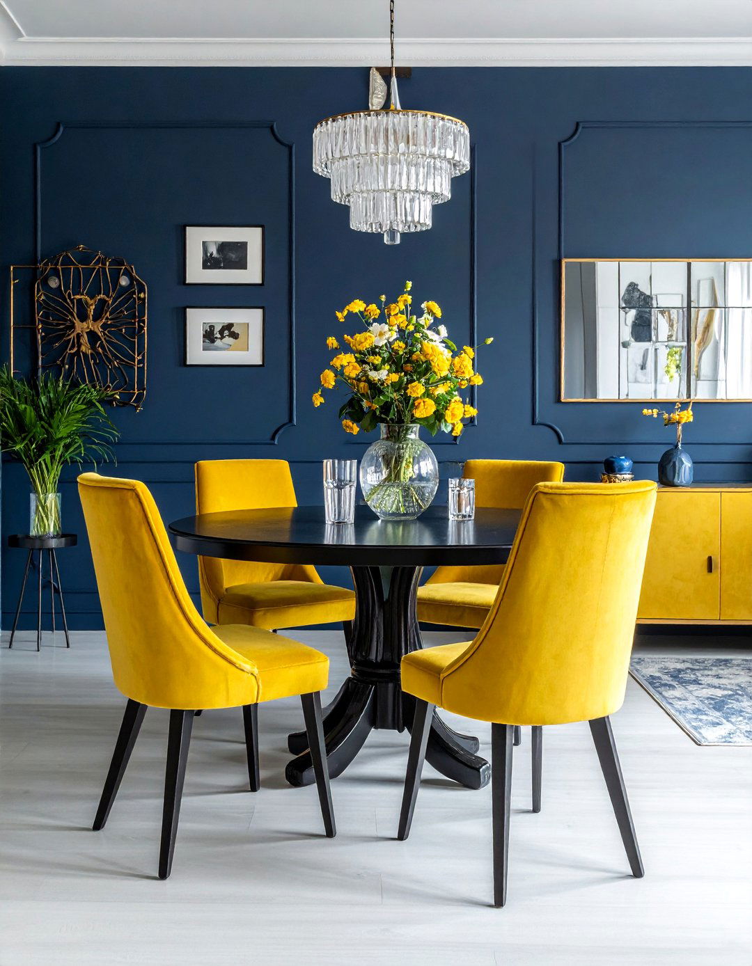Marigold Yellow and Navy Blue Dining Room - 20 Yellow Dining Room Ideas for a Bright and Cheerful Space