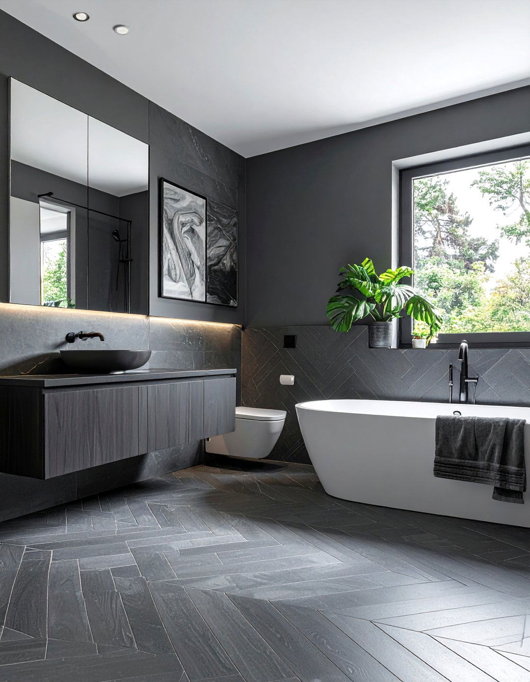 Masculine Bathroom Featuring Herringbone Floor Tiles - 20 Masculine Bathroom Ideas for a Bold Design