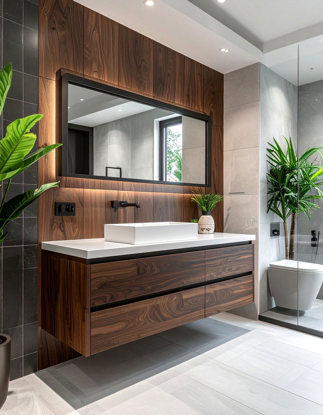 Masculine Bathroom with a Floating Wood Vanity - 20 Masculine Bathroom Ideas for a Bold Design