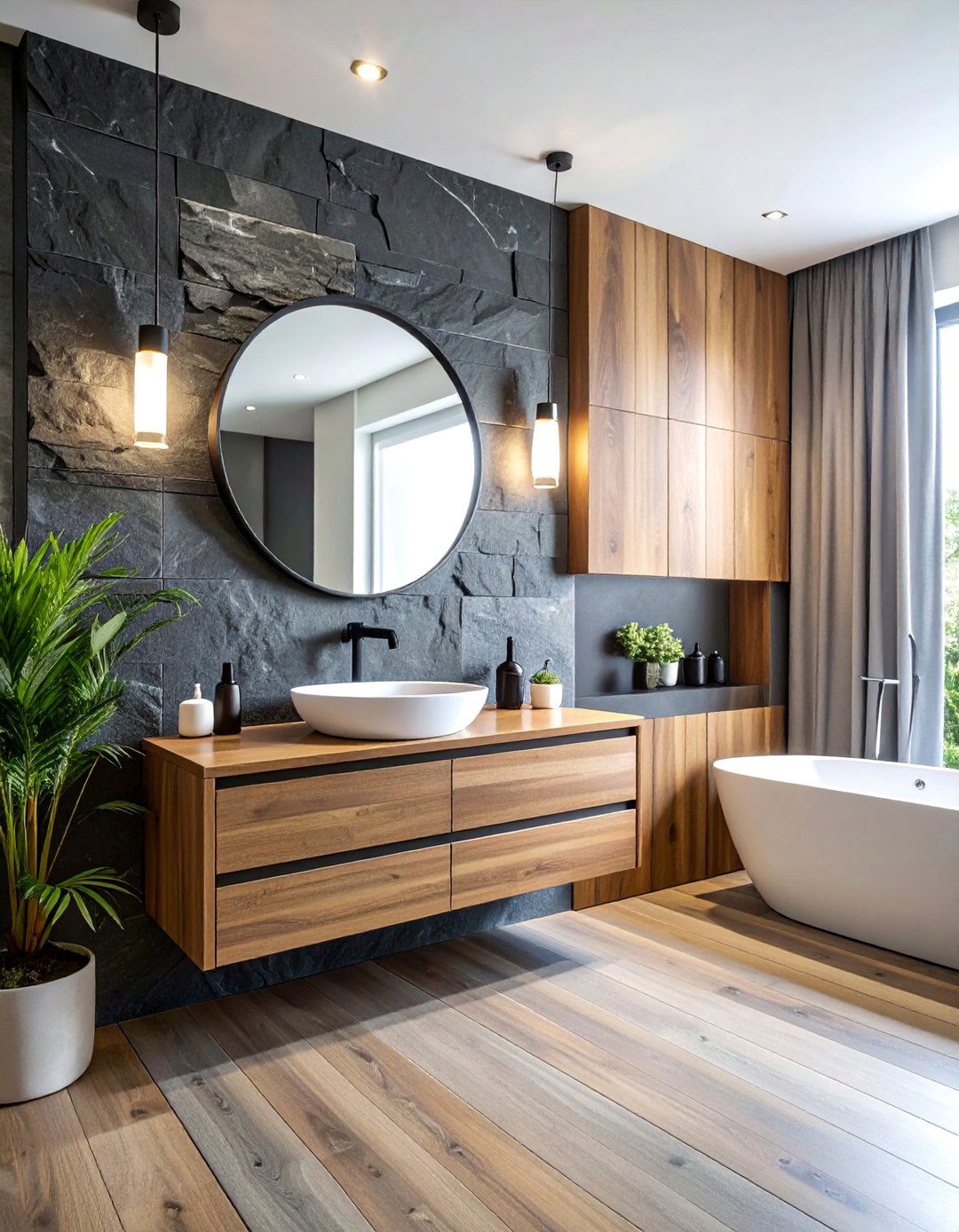 Masculine Bathroom with a Slate Stone Accent Wall - 20 Masculine Bathroom Ideas for a Bold Design