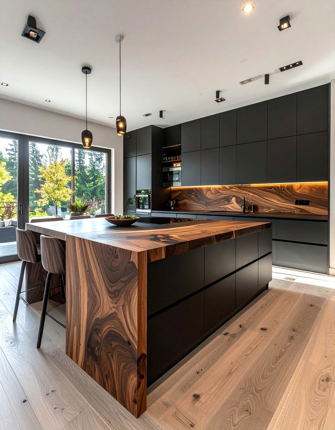 Matte Black Cabinets with a Walnut Brown Island - 20 Black and Brown Kitchen Ideas for a Warm Aesthetic