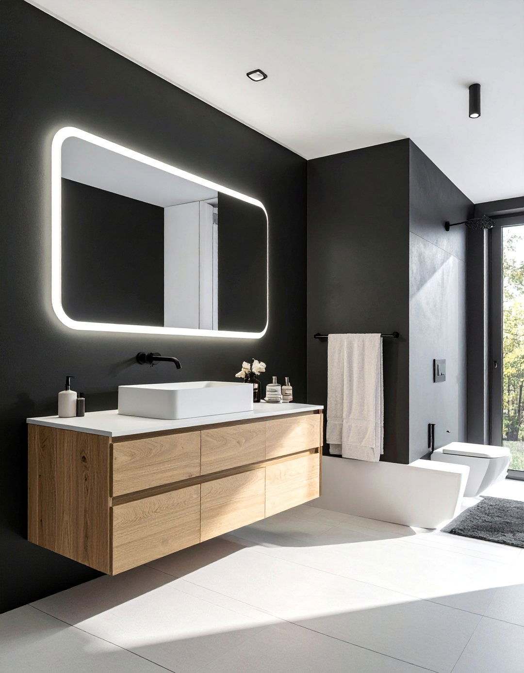 Matte Black Powder Room with a Floating Vanity - 25 Black Powder Room Ideas for a Bold Statement