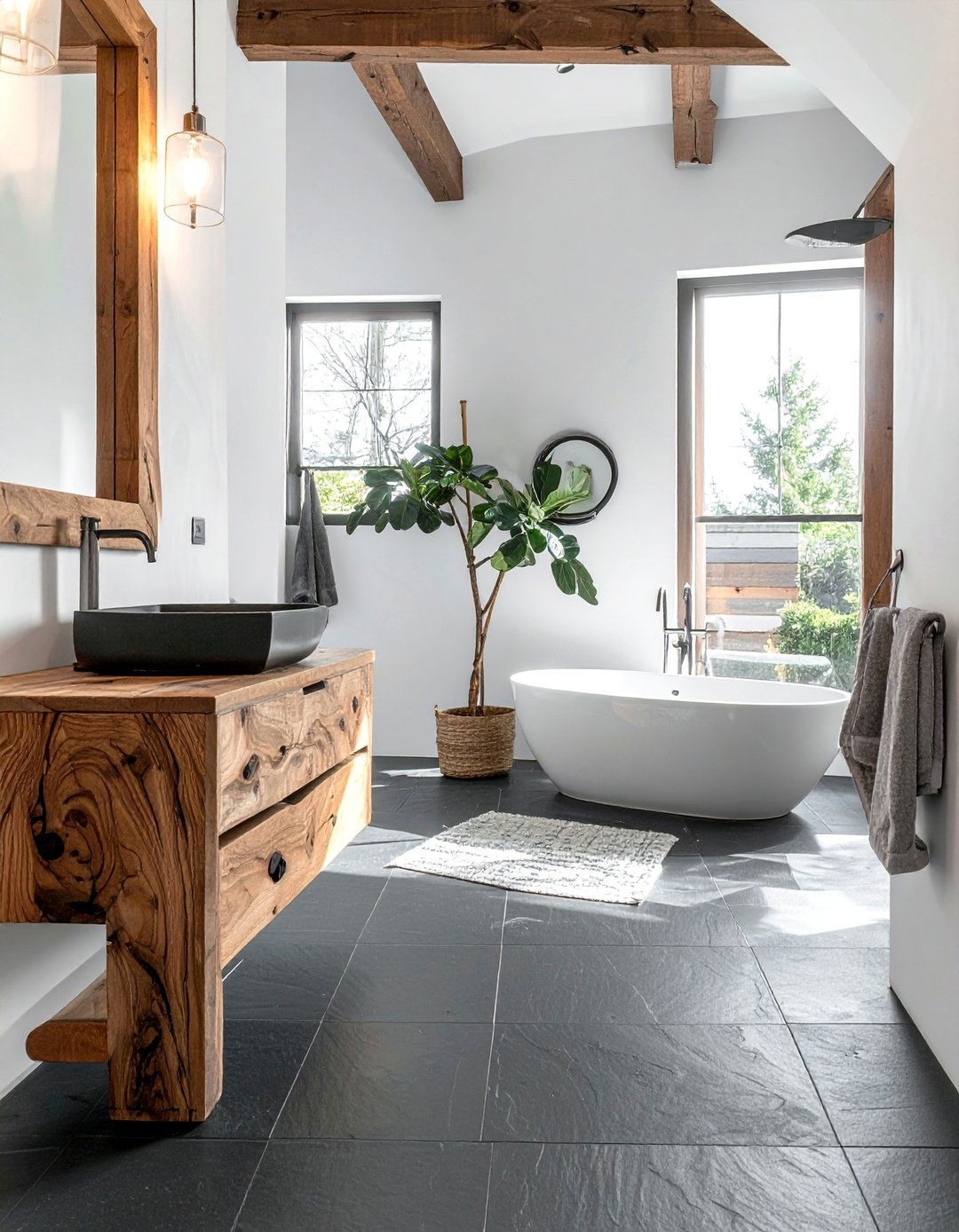 Matte Black Slate Bathroom Floor - 20 Black Floor Bathroom Ideas with White Walls