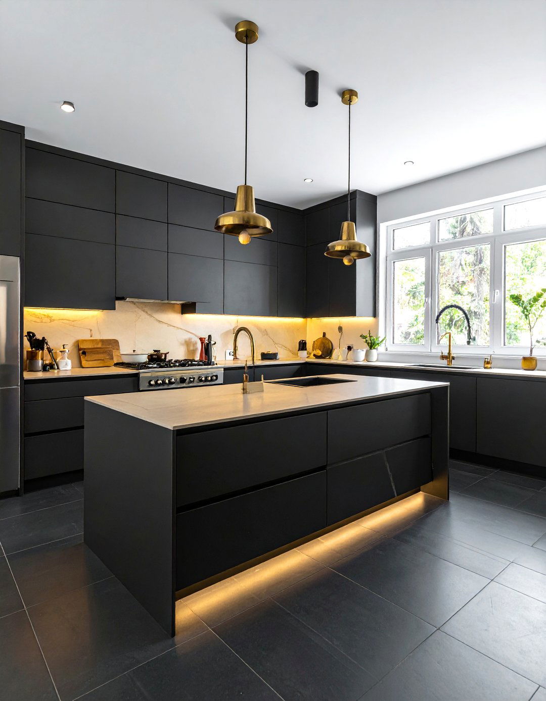 Matte Black Tile with Brass Accents - 20 Black Floor Kitchen Ideas for a Sleek and Modern Look