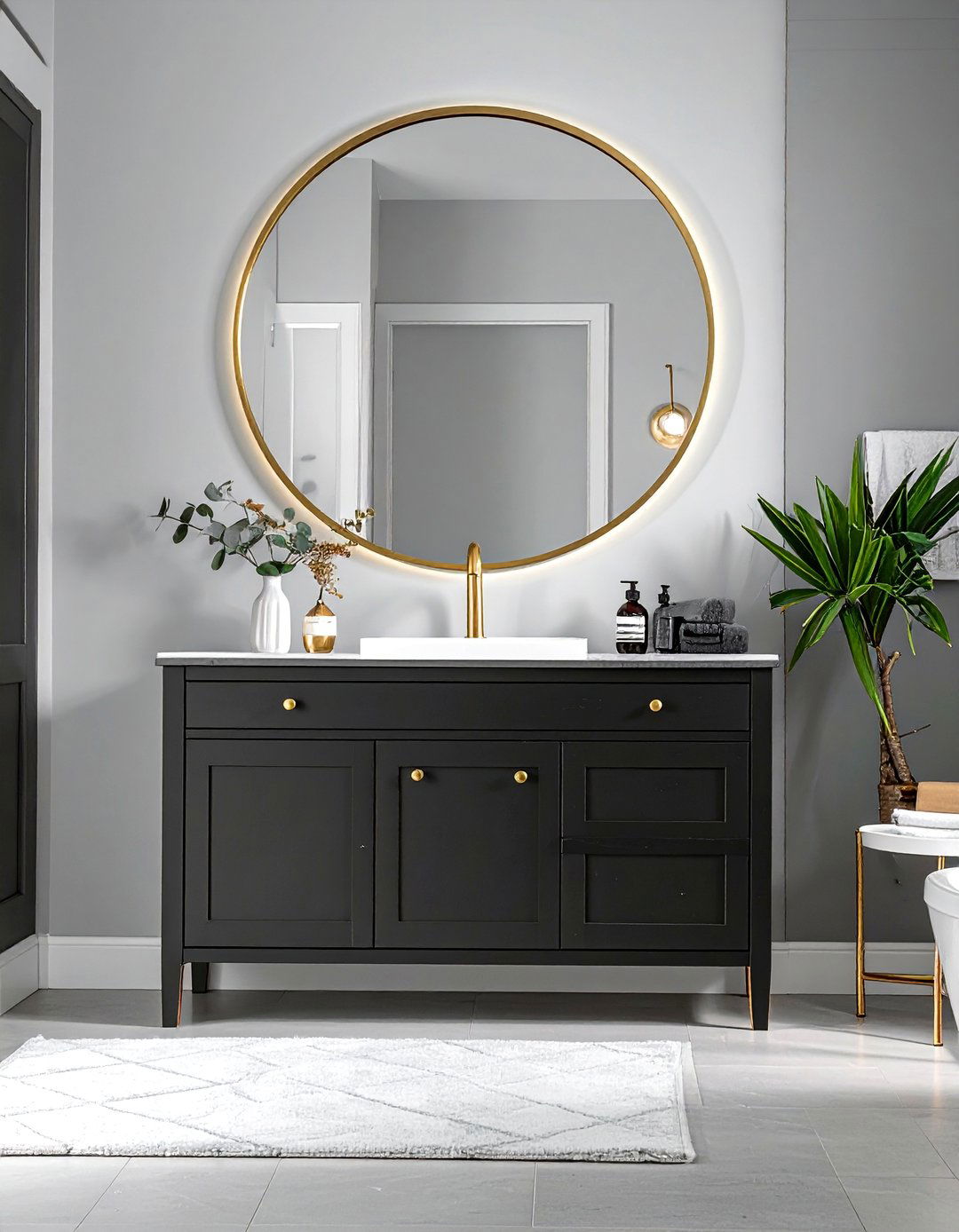 Matte Black Vanity with Brass Hardware - 20 Black Vanity Bathroom Ideas for a Modern Touch
