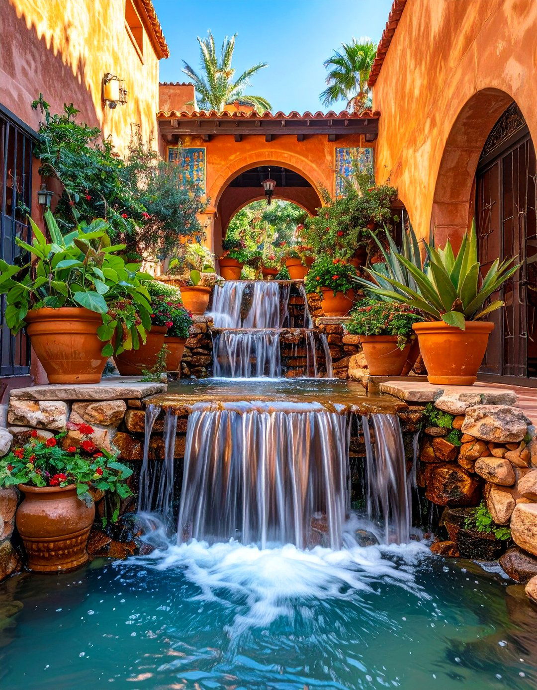 Mediterranean Terracotta Waterfall - 15 Pondless Waterfall Ideas for Low-Maintenance Beauty