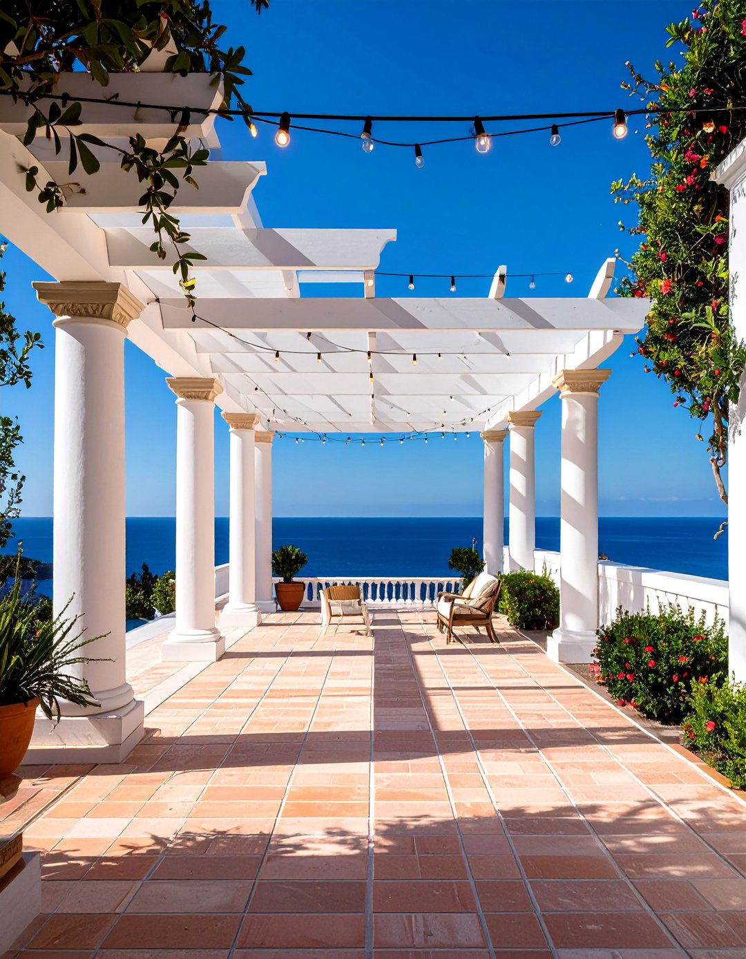 Mediterranean White Pergola with String Lights - 40 Patio With a Pergola Ideas for Outdoor Living Spaces