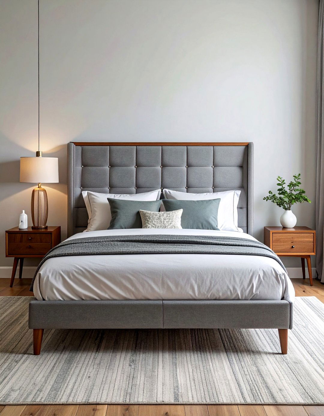 Mid Century Modern with a Grey Panel Headboard - 25 Grey Headboard Bedroom Ideas for a Calm Retreat