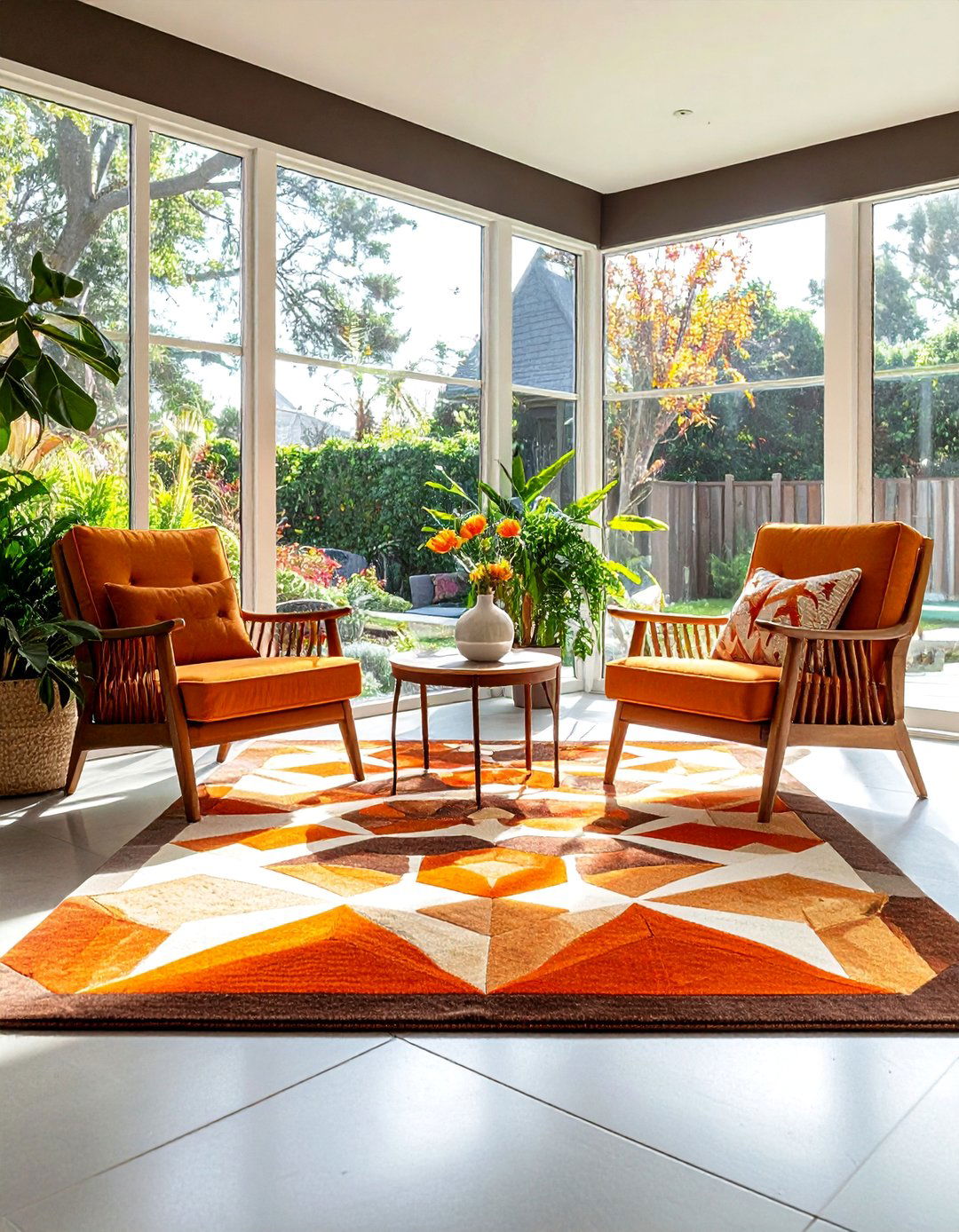 Mid century Modern Sunroom with Geometric Patterned Rugs - 20 Mid-century Modern Sunroom Ideas for a Retro Vibe