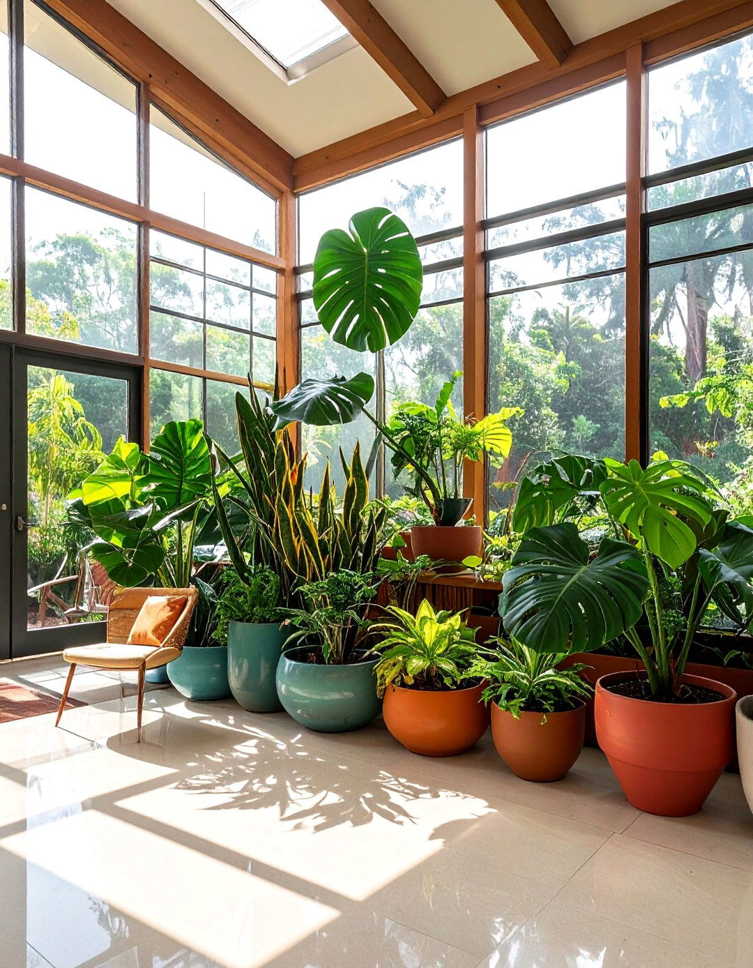 Mid century Modern Sunroom with Large Leaf Tropical Plants - 20 Mid-century Modern Sunroom Ideas for a Retro Vibe