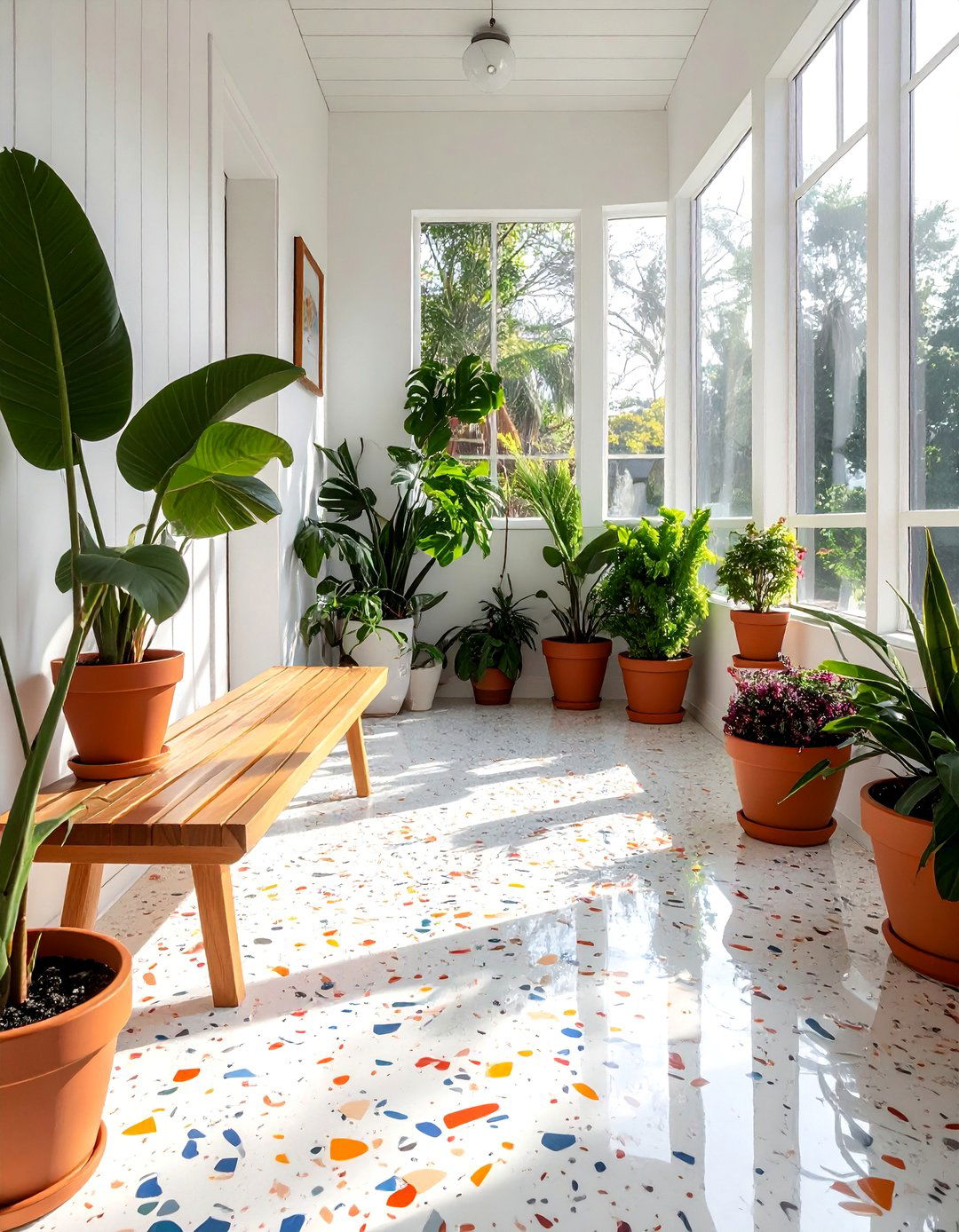 Mid century Modern Sunroom with Terrazzo Flooring - 20 Mid-century Modern Sunroom Ideas for a Retro Vibe