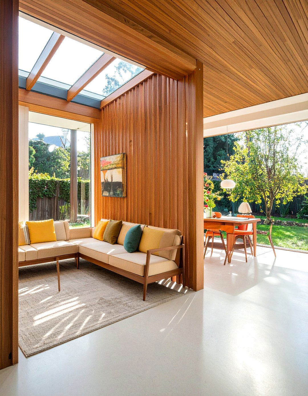 Mid century Modern Sunroom with a Slat Wood Divider - 20 Mid-century Modern Sunroom Ideas for a Retro Vibe