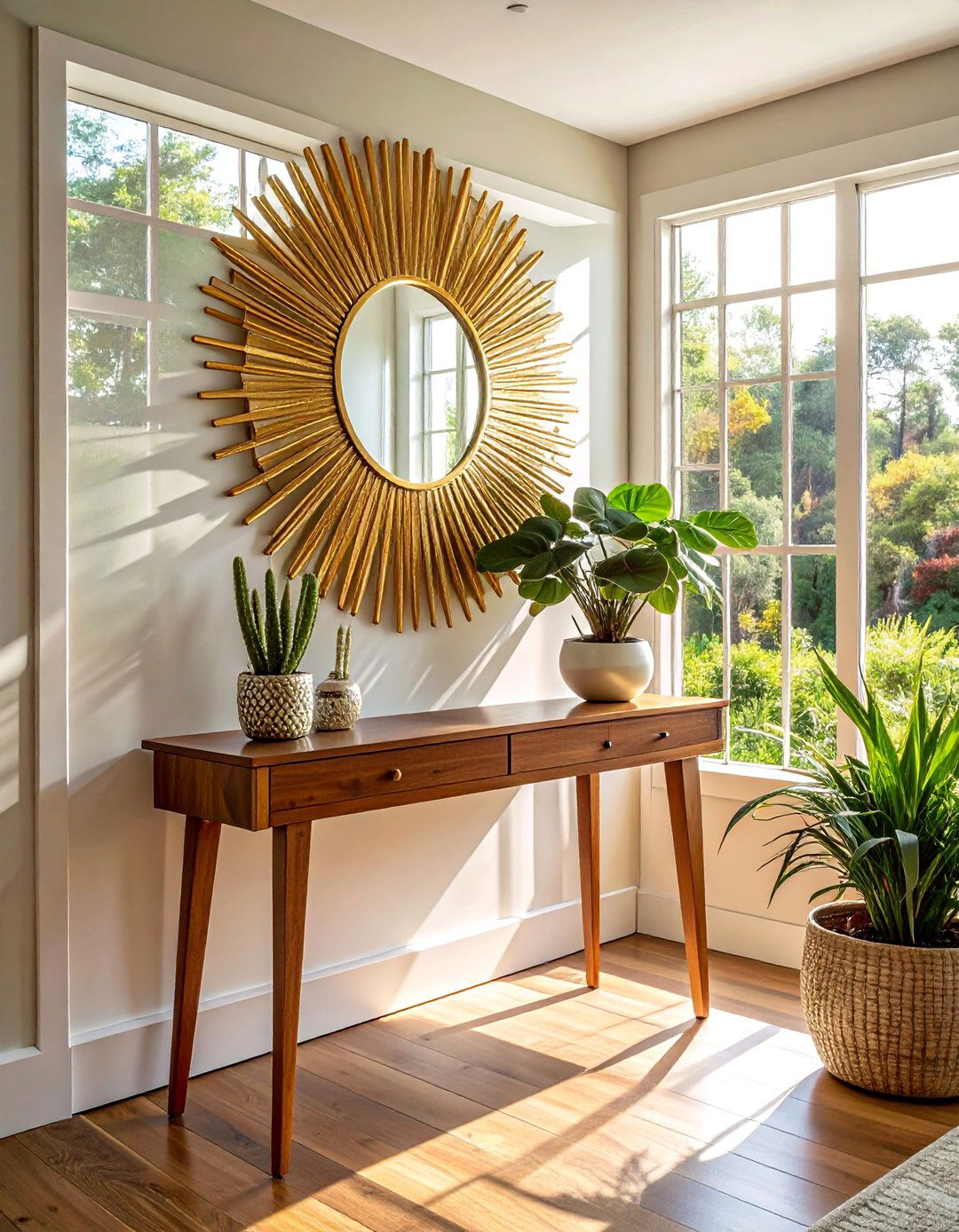 Mid century Modern Sunroom with a Sunburst Mirror - 20 Mid-century Modern Sunroom Ideas for a Retro Vibe