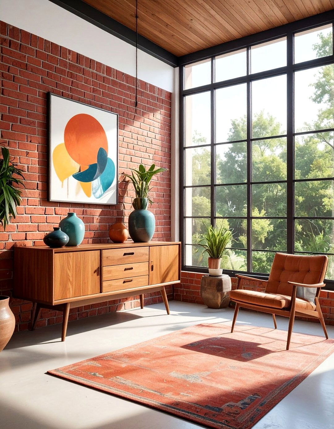 Mid century Modern Sunroom with an Exposed Brick Accent Wall - 20 Mid-century Modern Sunroom Ideas for a Retro Vibe