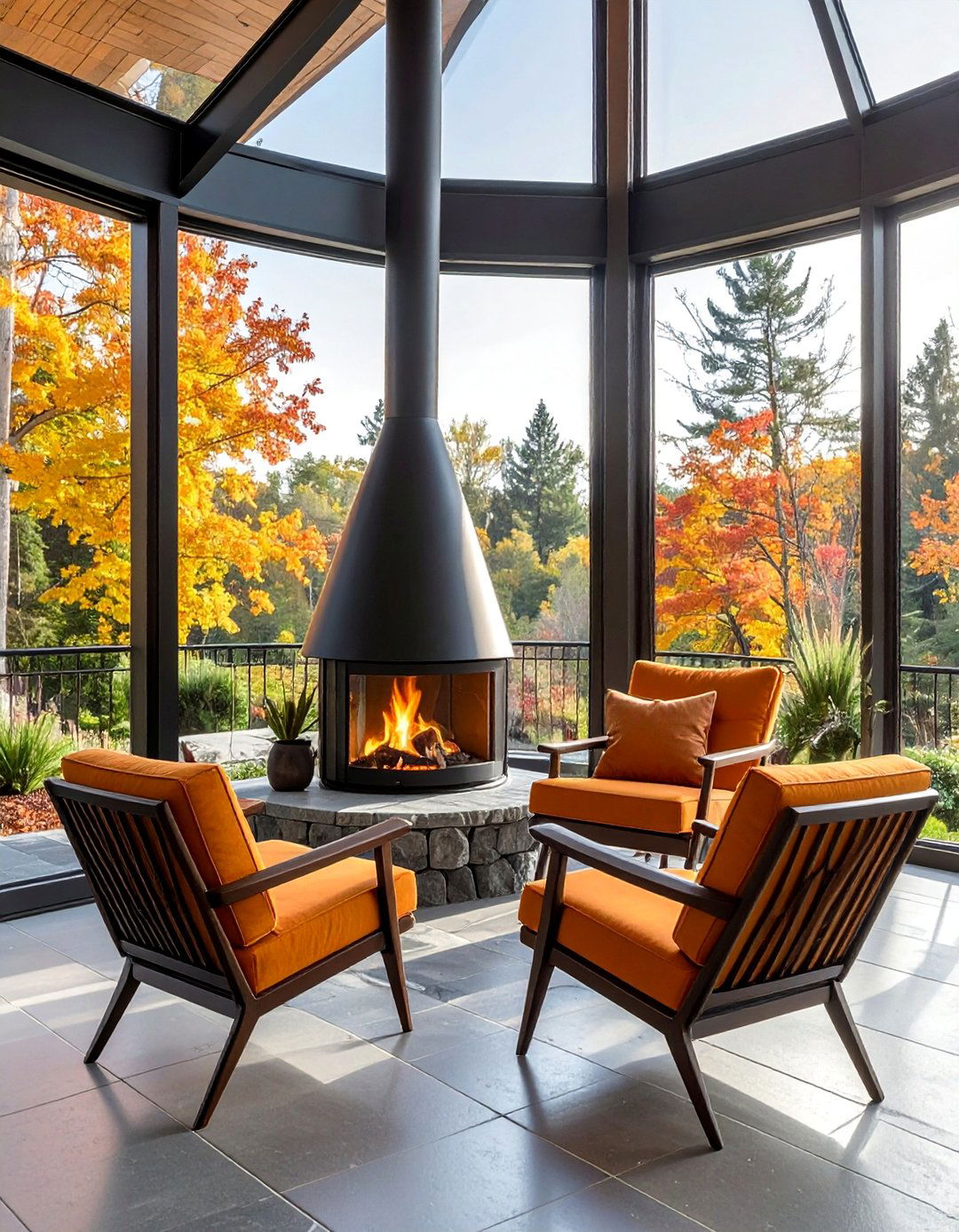 Mid century modern sunroom with a minimalist fireplace - 20 Mid-century Modern Sunroom Ideas for a Retro Vibe