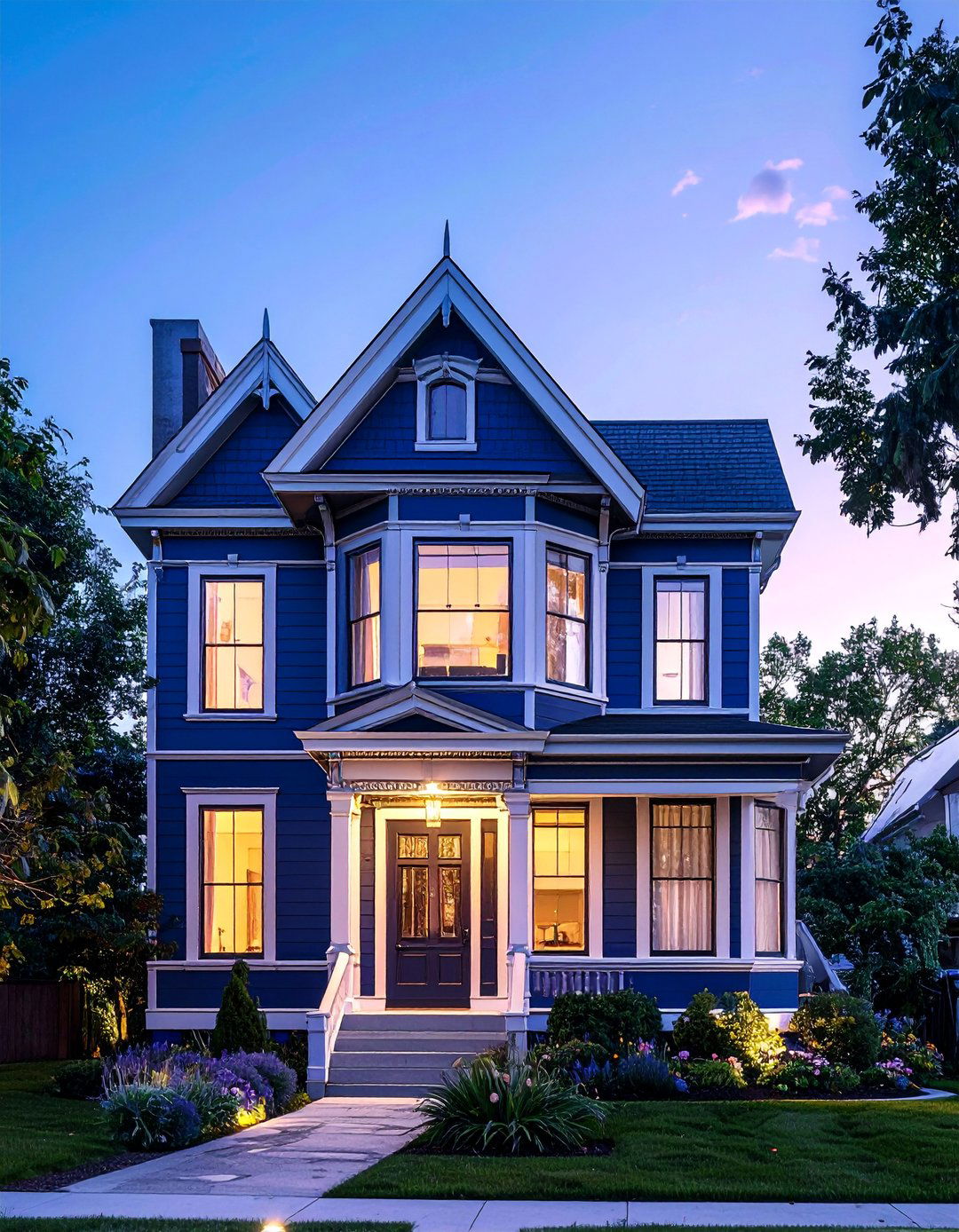 Midnight Blue Victorian House with Silver Gray Details - 15 Blue Victorian House Colors for Timeless Charm