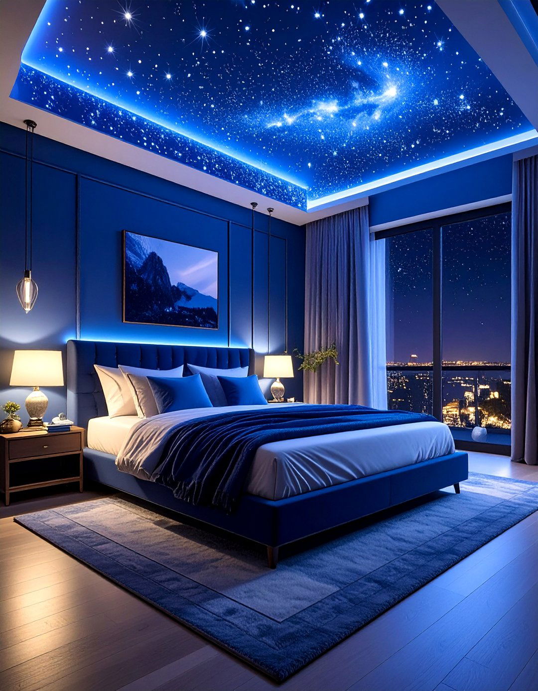 Midnight Blue Walls and a Starry Ceiling Effect - 25 Luxury Blue Bedroom Ideas for a Serene Retreat