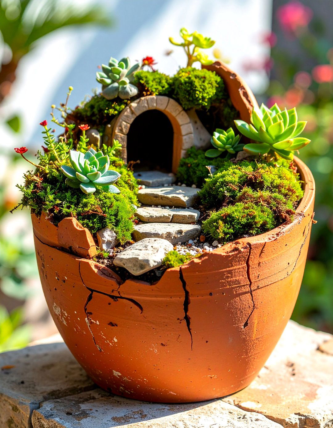 Miniature Garden in a Broken Terracotta Pot - 20 Miniature Garden Ideas for Small Outdoor Spaces