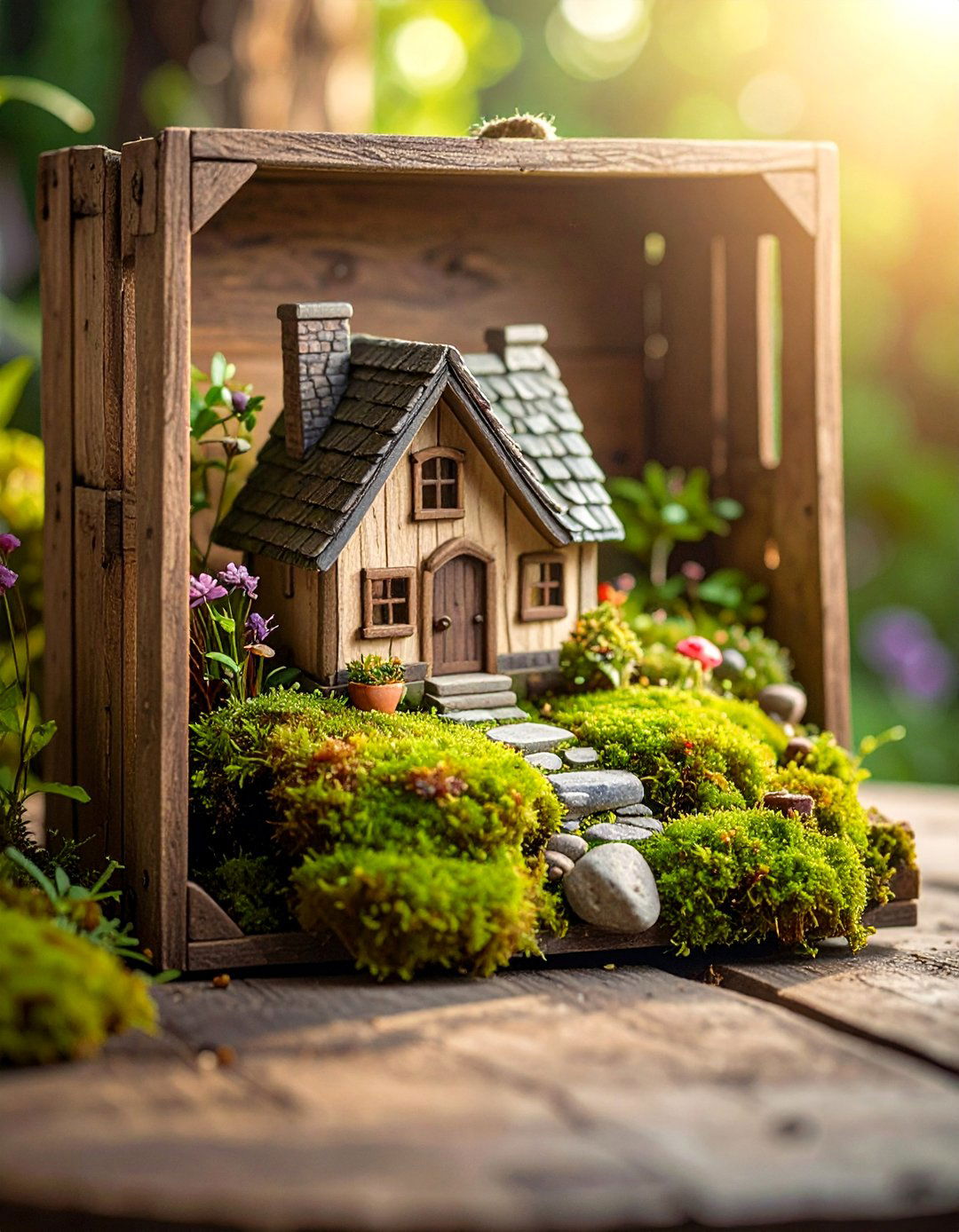 Miniature Gnome Home in a Wooden Crate - 20 Miniature Garden Ideas for Small Outdoor Spaces