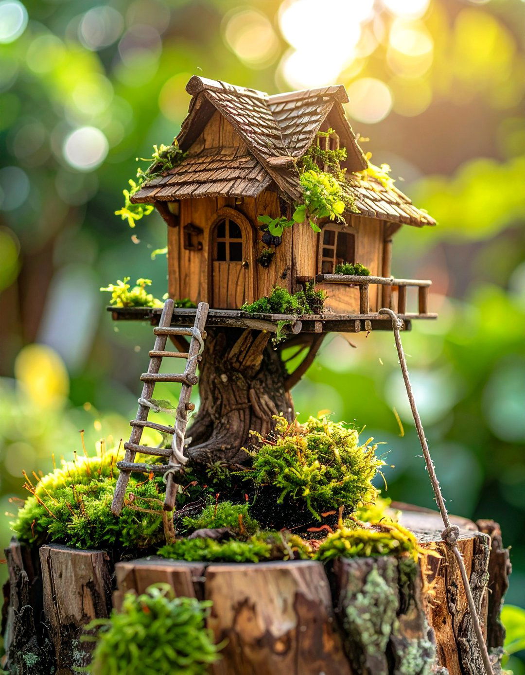 Miniature Treehouse Scene on a Stump - 20 Miniature Garden Ideas for Small Outdoor Spaces
