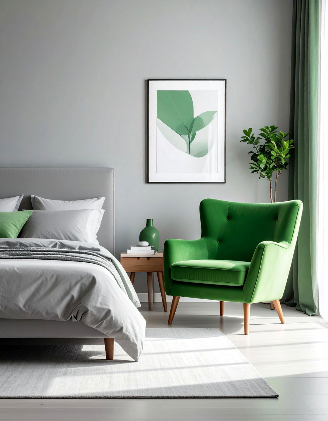 Minimalist Bedroom with Grey Walls and a Single Green Accent - 20 Green and Grey Bedroom Ideas for a Serene Retreat