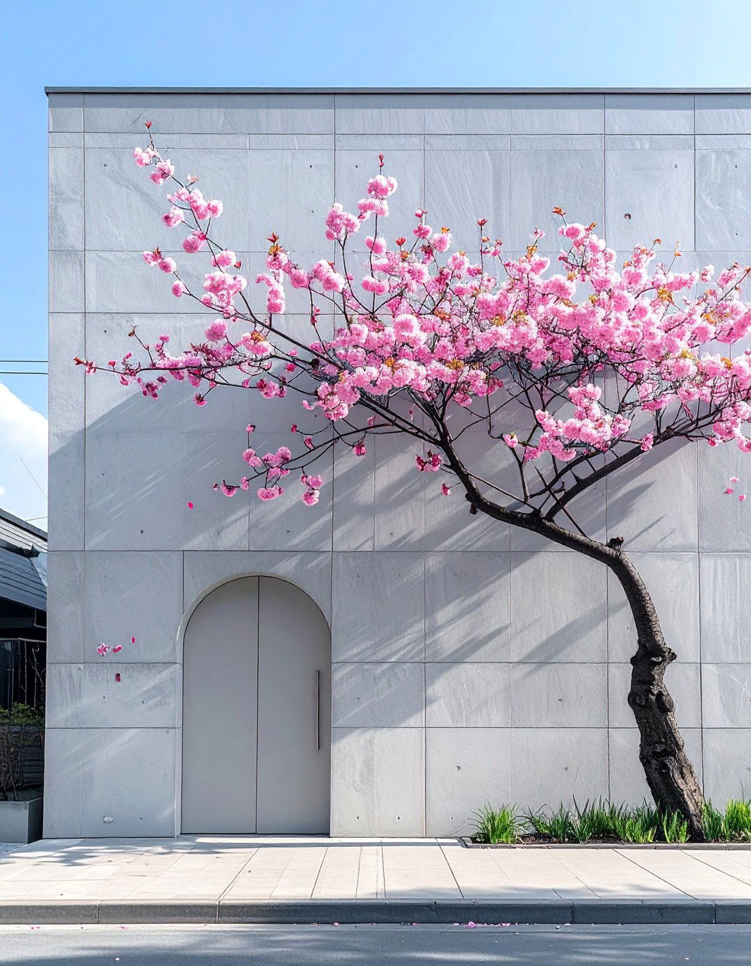 Minimalist Cherry Blossom Branch Flower Mural on a Building - 15 Flower Murals on Buildings Ideas for Urban Beauty