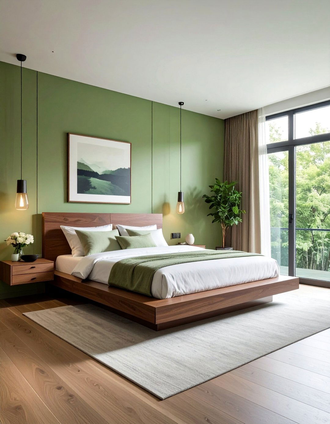 Minimalist Design with Light Green and Walnut Wood - 20 Green and Brown Bedroom Ideas for a Natural Look