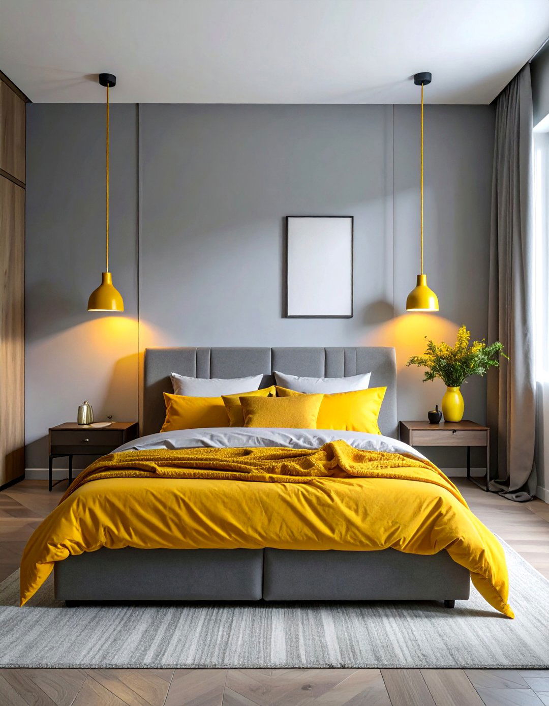 Minimalist Grey Bedroom with Subtle Yellow Lighting - 25 Yellow and Grey Bedroom Ideas for Modern Interiors