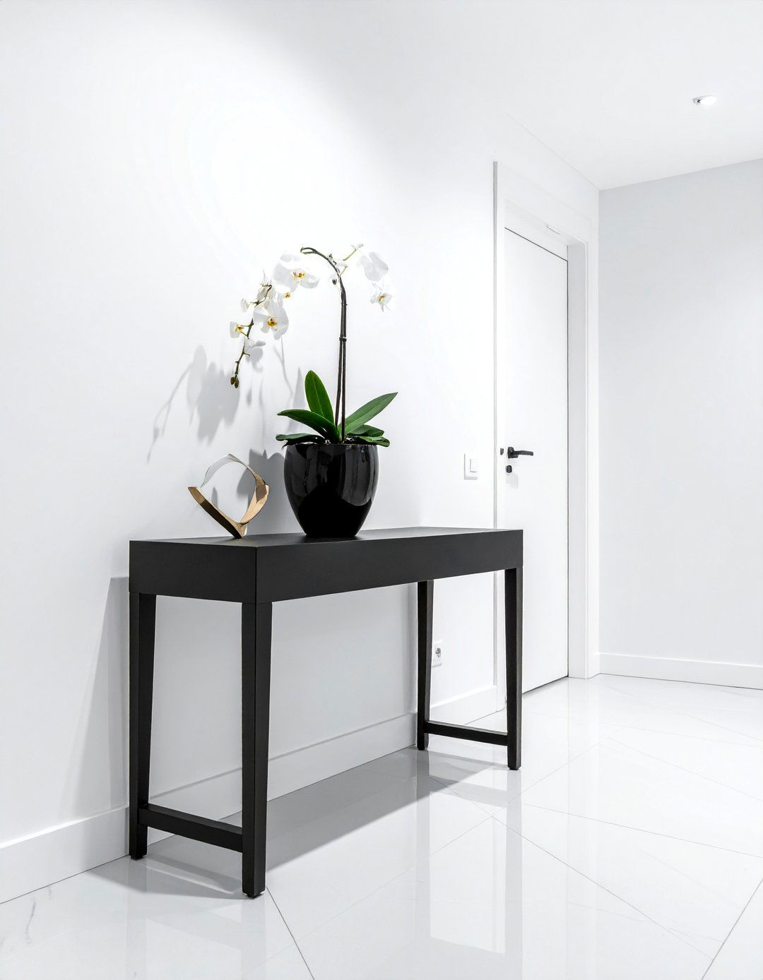 Minimalist Hallway with a Black Console Table - 20 Black and White Hallway Ideas for a Modern Look