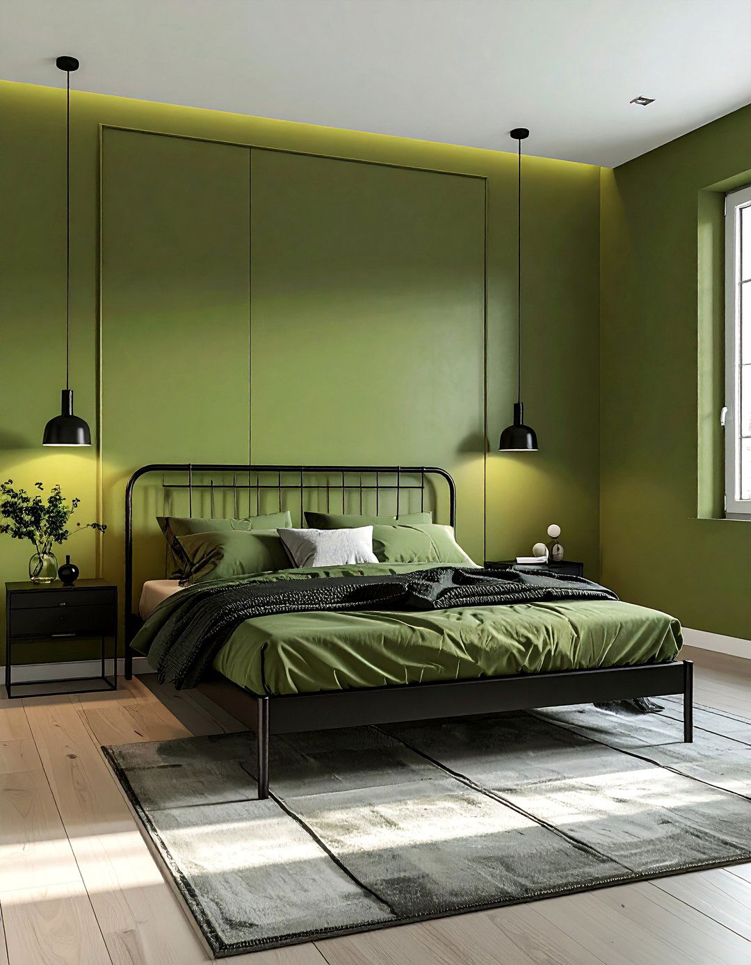 Minimalist Olive Green Bedroom with Black Accents - 25 Olive Green Bedroom Ideas for a Sophisticated Look