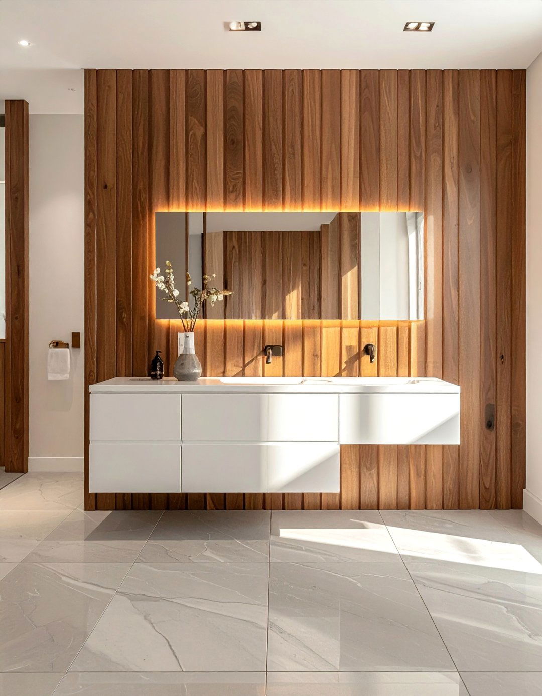 Minimalist Powder Room with Fluted Wood Paneling - 20 Luxury Powder Room Ideas for a Chic Space