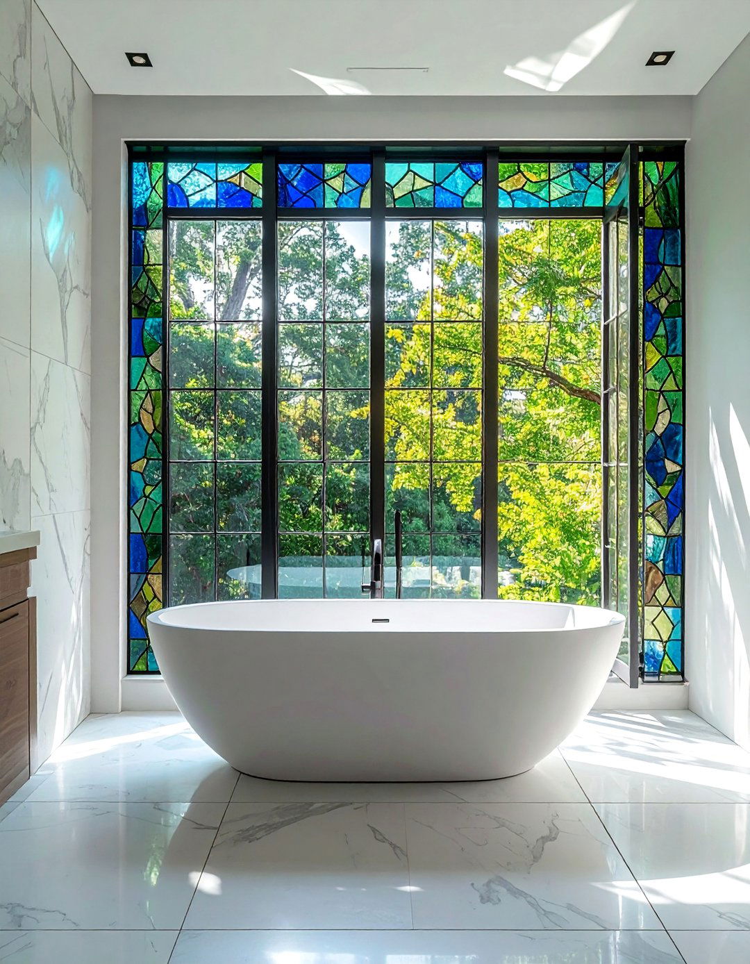 Minimalist Stained Glass Border Around a Large Bathtub Window - 20 Stained Glass Bathtub Ideas for a Luxurious Bathroom