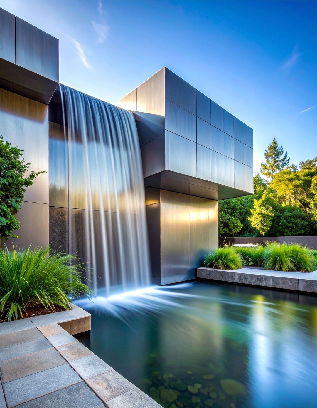 Minimalist Steel Waterfall Design - 15 Pondless Waterfall Ideas for Low-Maintenance Beauty