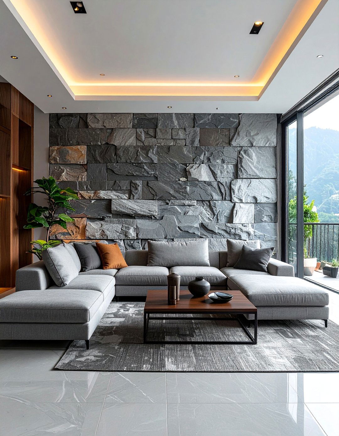 Minimalist Stone Accent Wall - 25 Asian Living Room Ideas for a Zen-Inspired Space