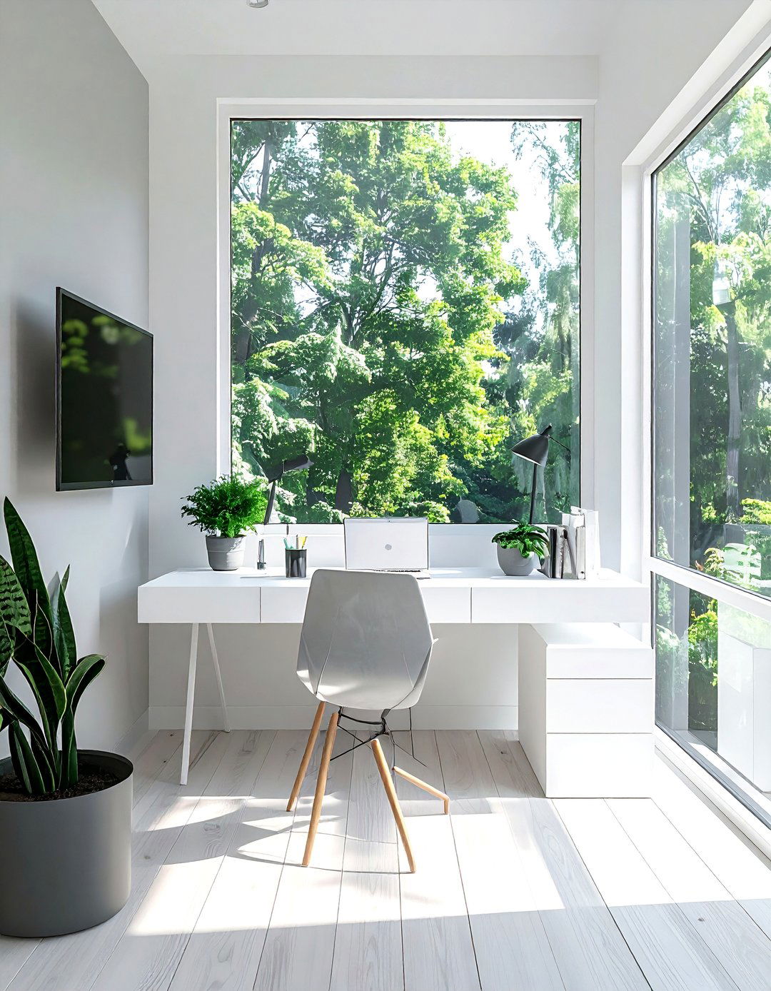 Minimalist Sunroom Office with a Floating Desk - 20 Sunroom Office Ideas for a Productive and Inspiring Workspace
