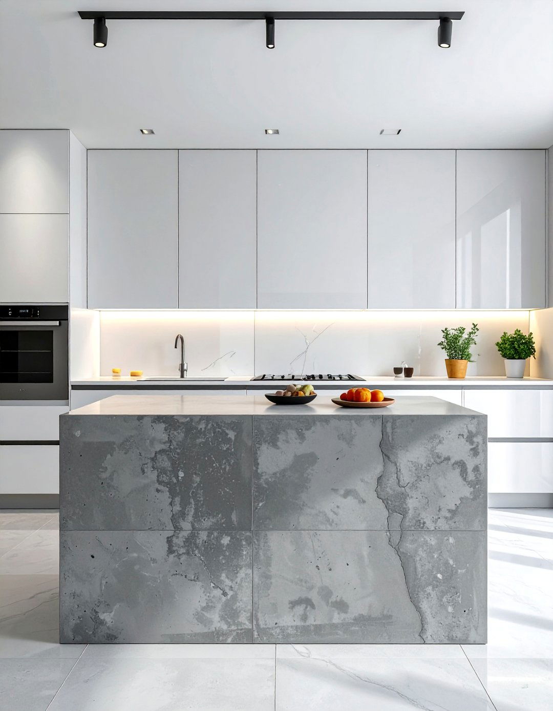 Minimalist White Cabinets With a Concrete Finish Grey Island - 15 White Kitchen Cabinets With Grey Island Ideas