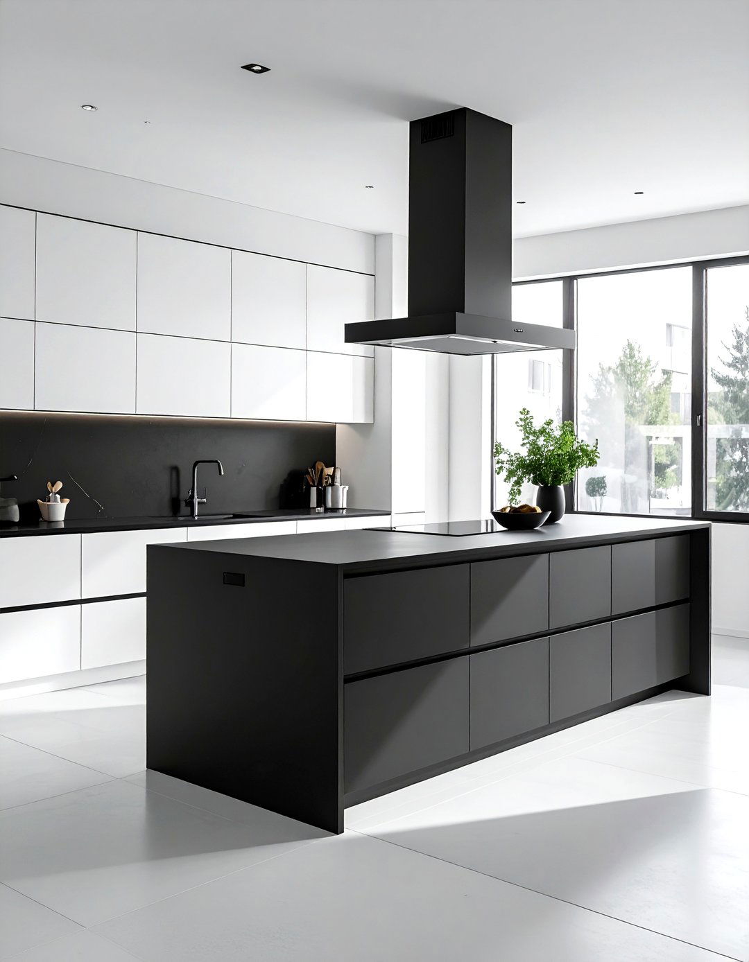 Minimalist White Kitchen With A Matte Black Island - 20 White Kitchen Ideas With Black Island for Contrast