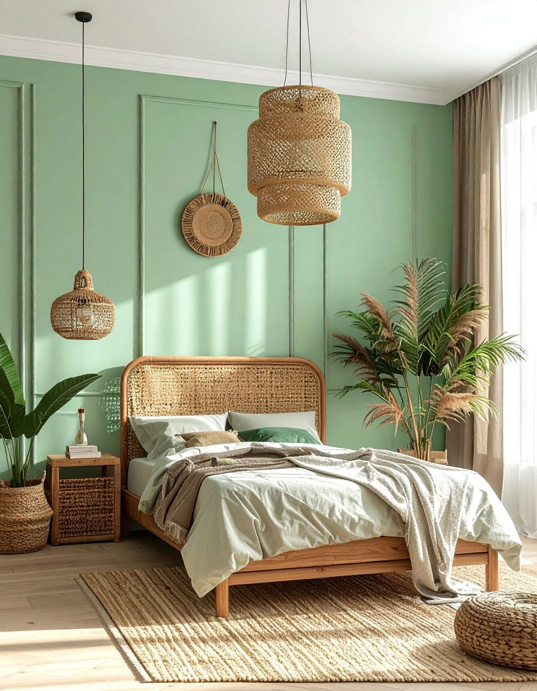 Mint Green Walls and Light Brown Rattan Decor - 20 Green and Brown Bedroom Ideas for a Natural Look