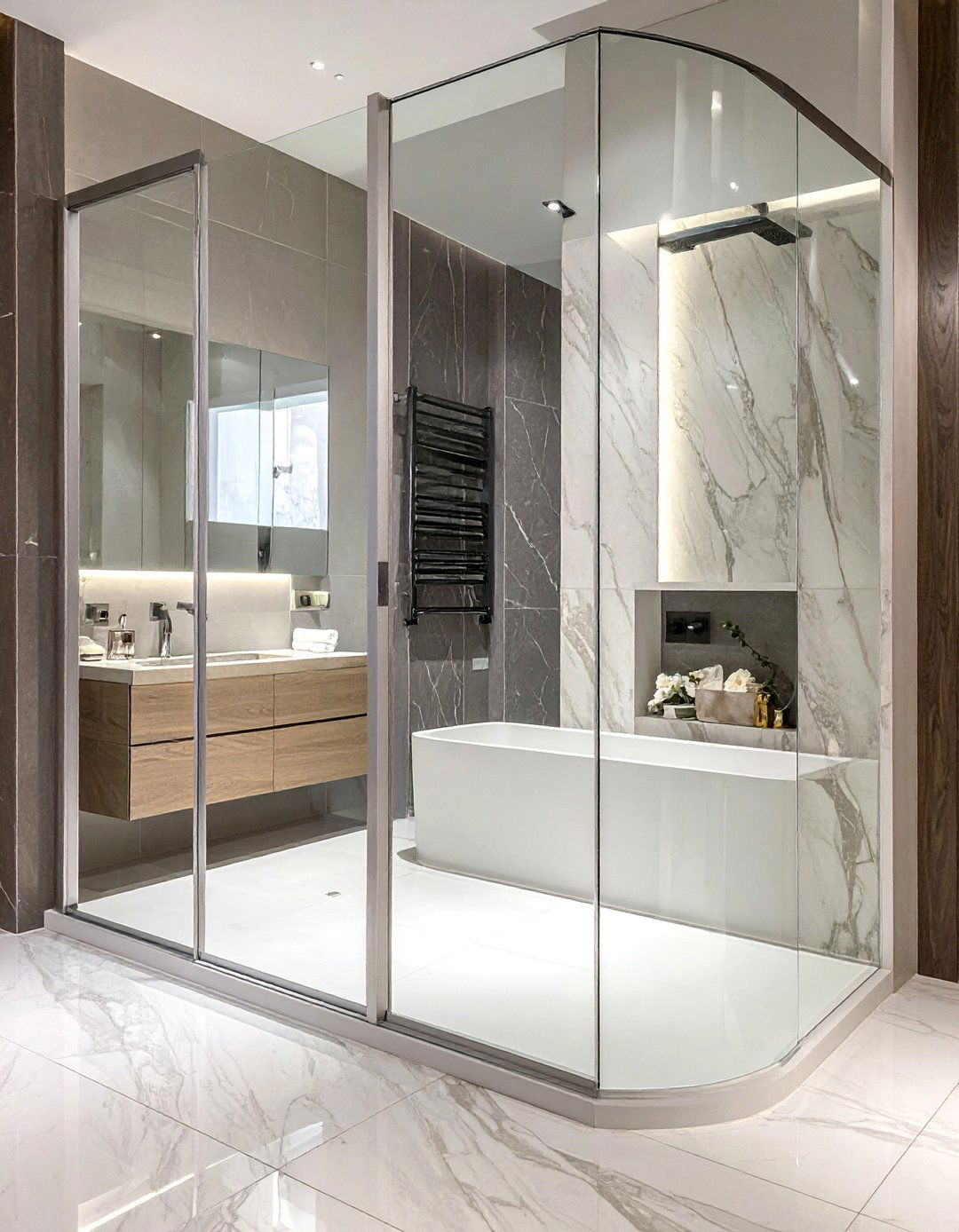 Mirrored Partition Panels - 20 Bathroom Partition Ideas to Maximize Space and Privacy
