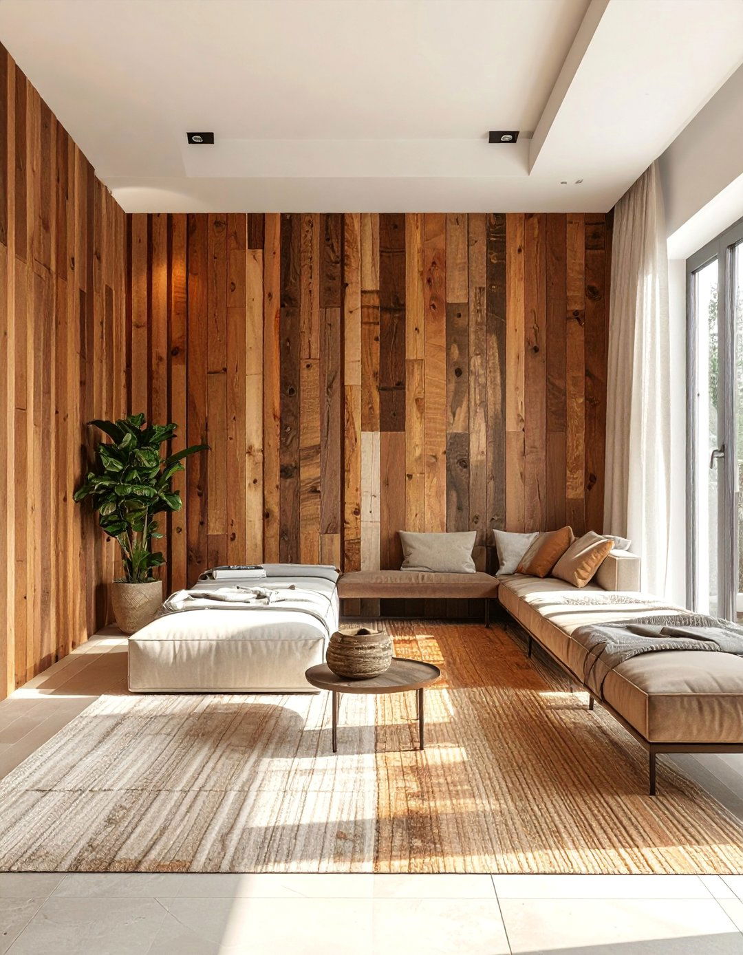 Mismatched Stain Wood Slat Accent Wall - 40 Wood Slat Accent Wall Ideas for Your Home
