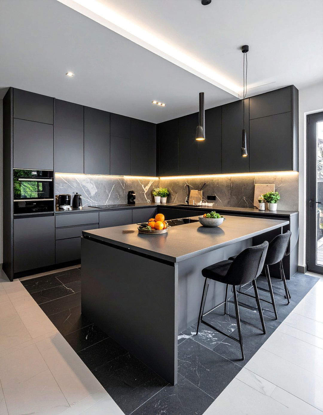 Mixed Black Materials Custom Design - 20 Black Floor Kitchen Ideas for a Sleek and Modern Look