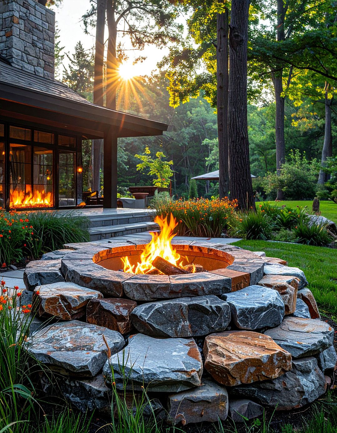 Mixed Fieldstone with Natural Fire Bowl - 25 Stone Patio with Fire Pit Ideas for Outdoor Fun