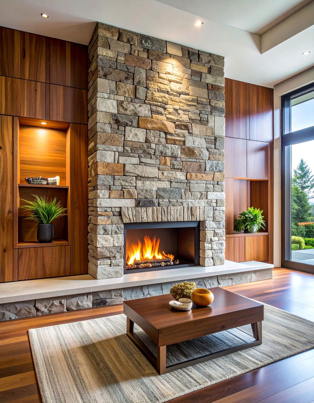 Mixed Material Floor to Ceiling Stone and Wood Panel Fireplace - 20 Floor-to-Ceiling Stone Fireplace Ideas for a Stunning Focal Point