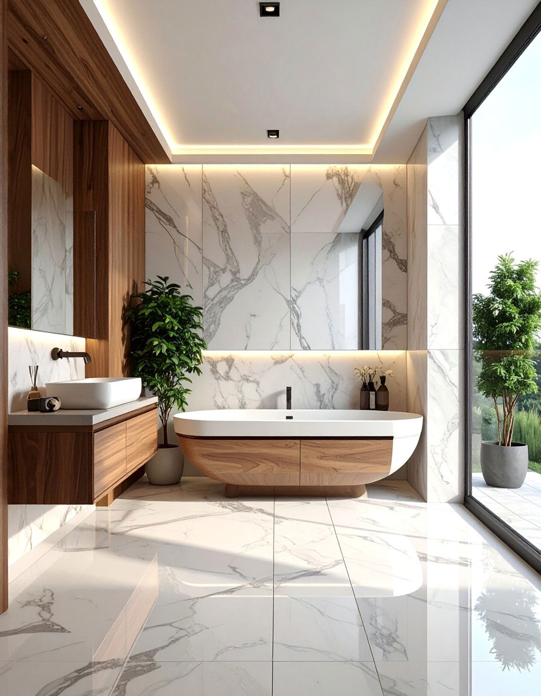 Mixed Material Marble Accents - 20 Luxury Marble Bathroom Ideas for a Spa-Like Retreat