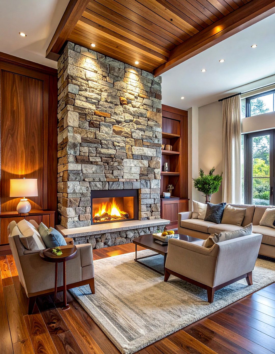 Mixed Material Stacked Stone and Wood Panel Fireplace - 25 Stunning Stacked Stone Fireplace Design Ideas