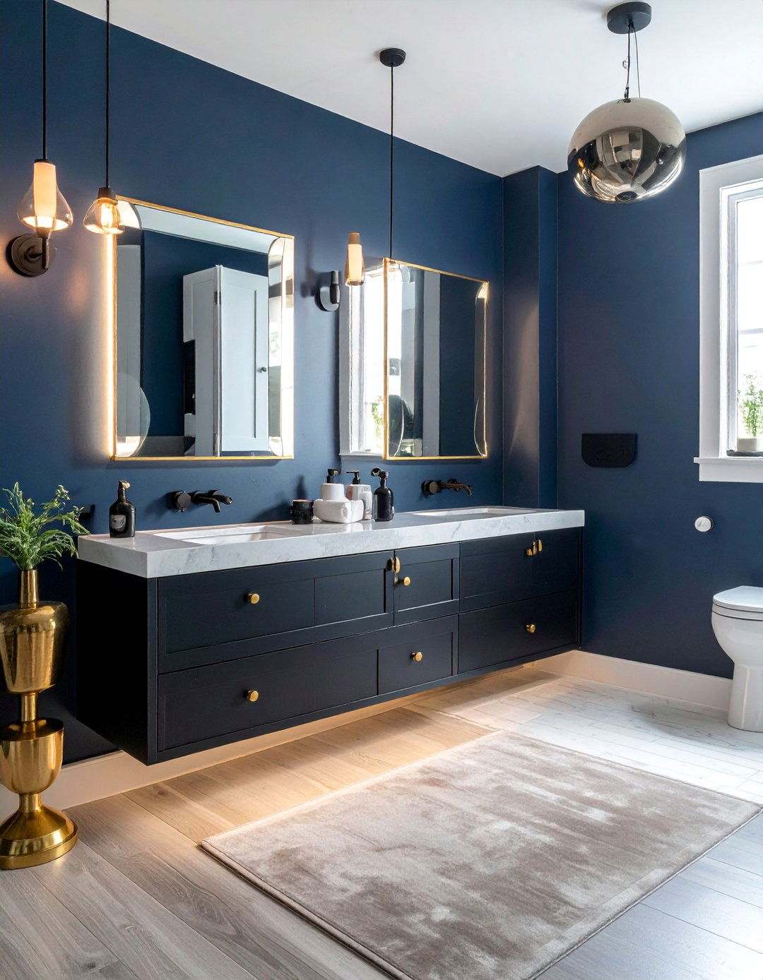 Mixed Metal Hardware Combination - 15 Navy Blue Powder Room Ideas for a Chic Space